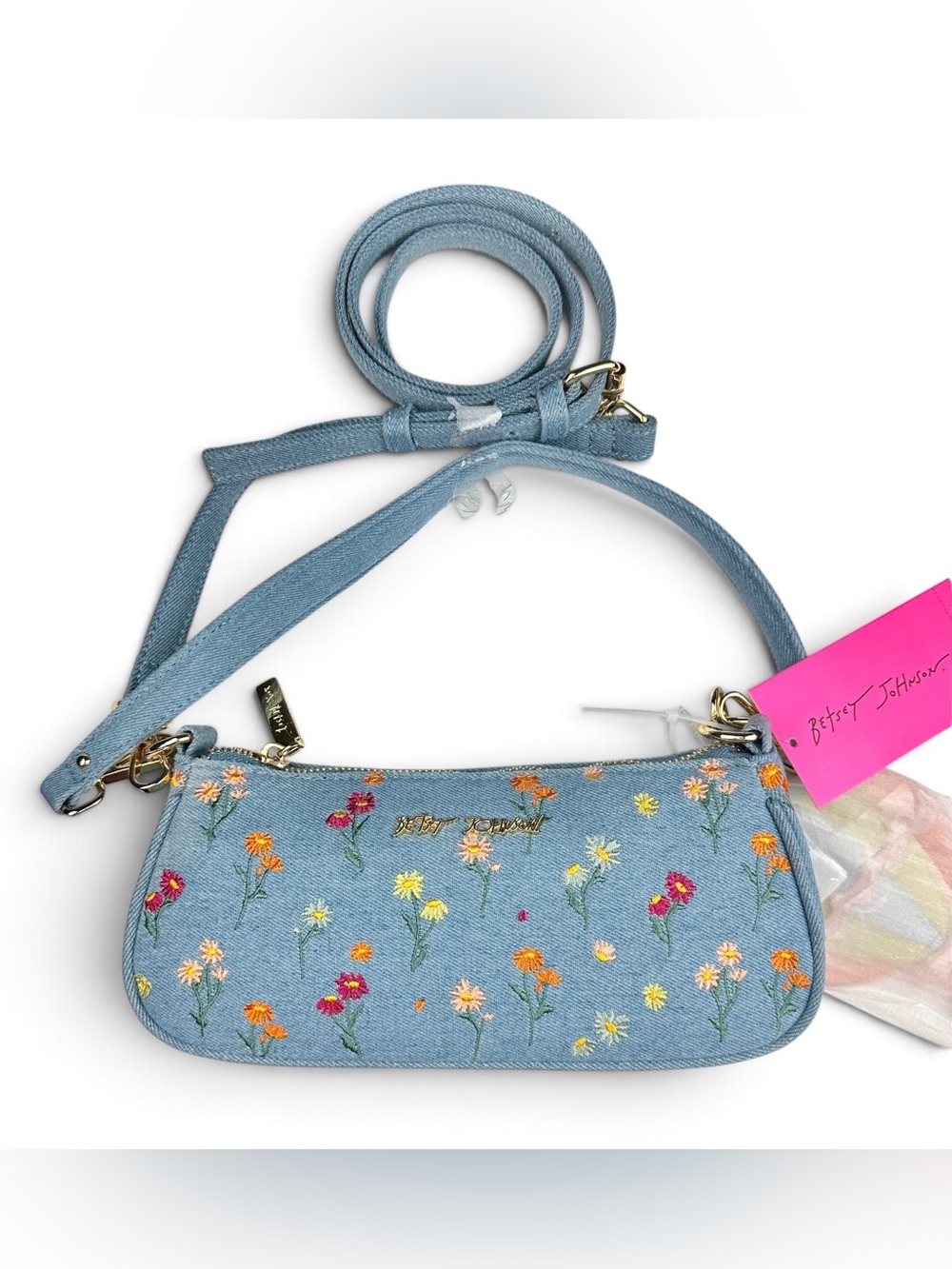 NWT Betsey Johnson XOminny Denim Floral Embroidered Shoulder Crossbody Bag